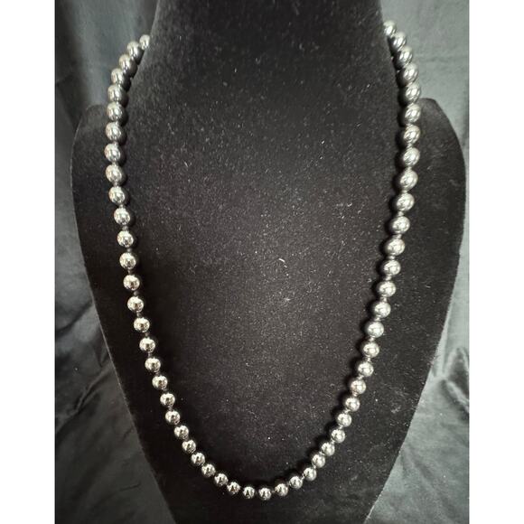 24″ Black Hematite Bead Necklace – Heavy, Knotted Strand, Genuine Stone Look - Picture 1 of 4